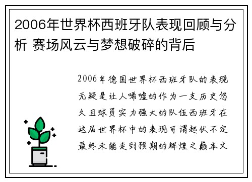 2006年世界杯西班牙队表现回顾与分析 赛场风云与梦想破碎的背后