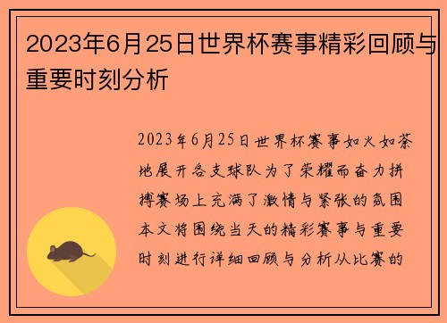 2023年6月25日世界杯赛事精彩回顾与重要时刻分析