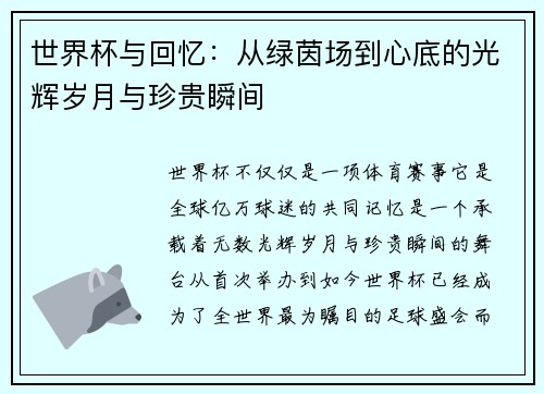 世界杯与回忆：从绿茵场到心底的光辉岁月与珍贵瞬间