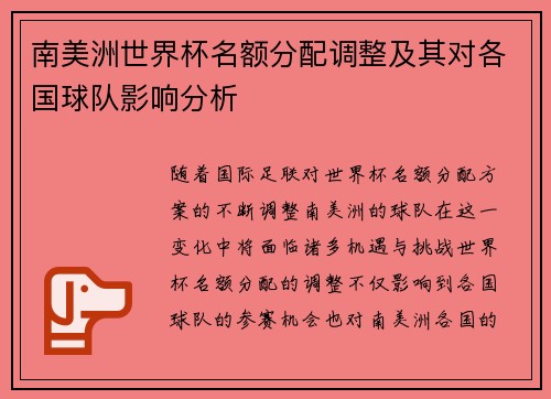 南美洲世界杯名额分配调整及其对各国球队影响分析