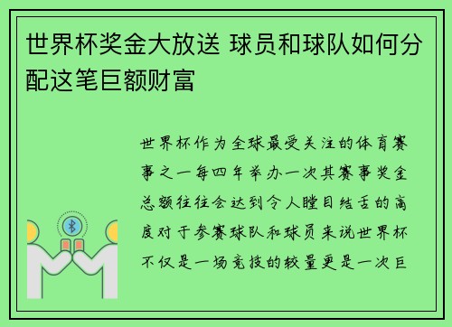 世界杯奖金大放送 球员和球队如何分配这笔巨额财富